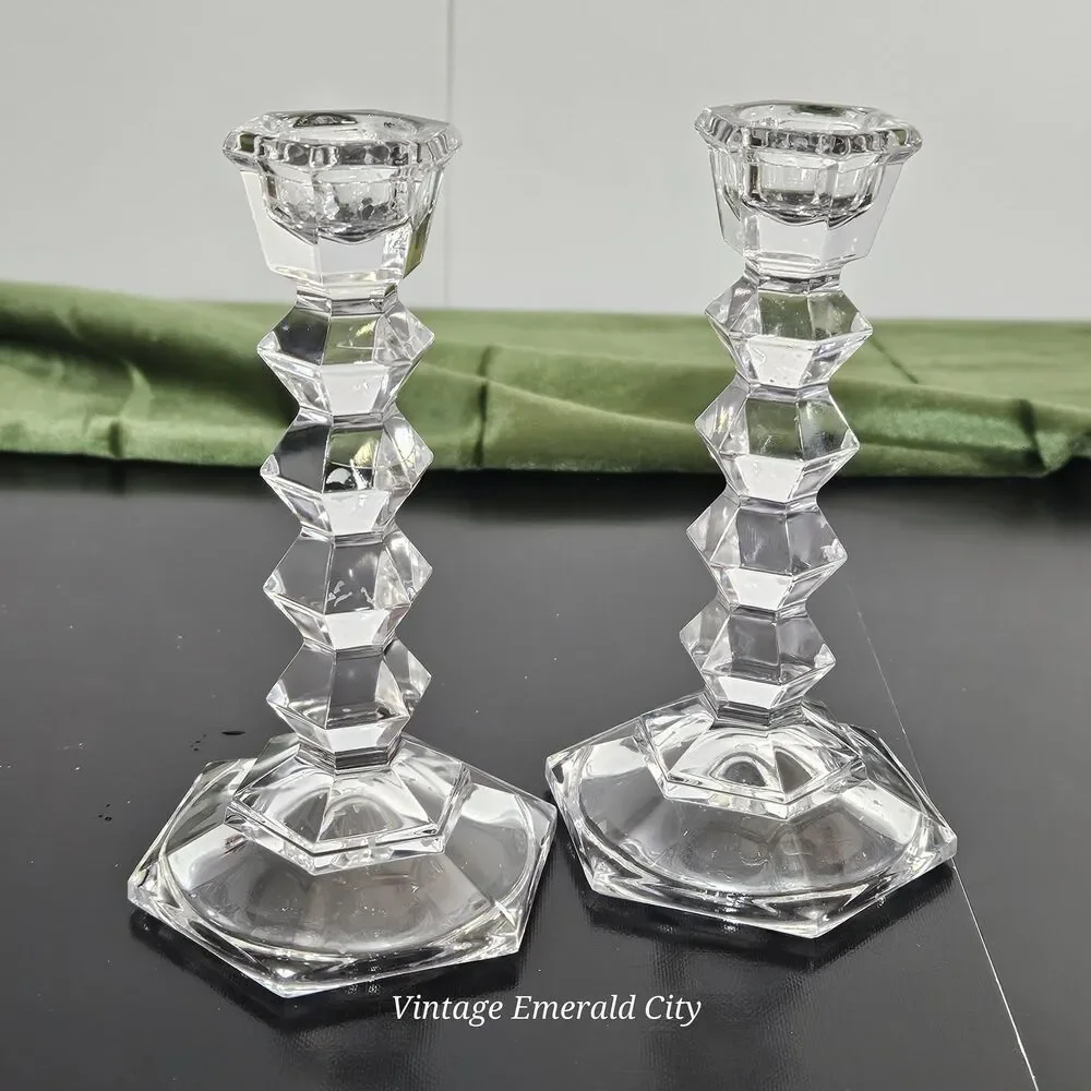 Vtg MIKASA Crystal Clear JewelStone Pattern Candlestick Candle Holder Set of 2
